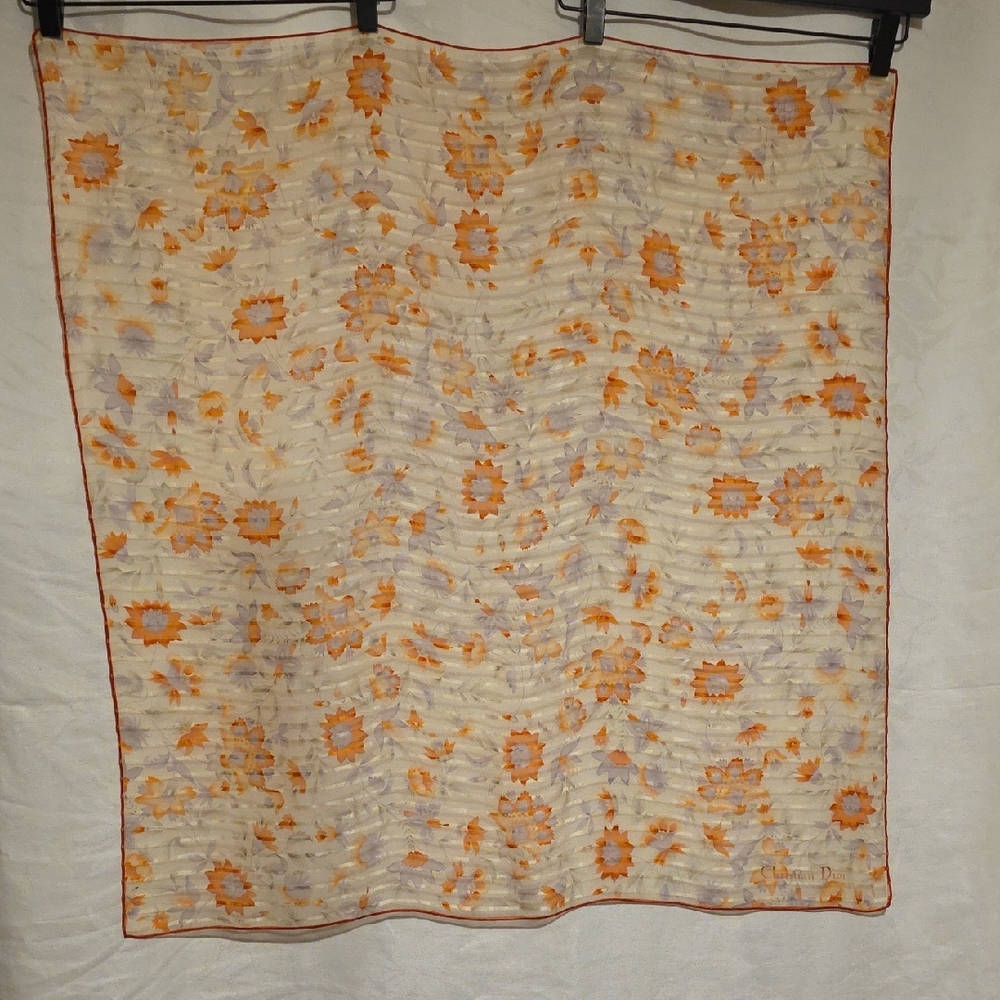 Dior Cream Scarf with Orange Floral Print and Pale Lilac Accents